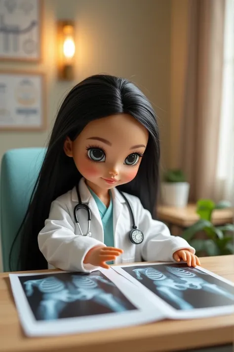 Cute little doll with black hair, that is a Chiropractor and is analyzing some x-rays, the background is from a chiropractic office 