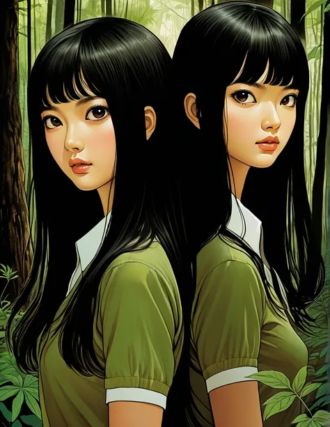 An illustration、art、60s Thai horror movie poster, Supervised by Junji Ito、High detail, Realistic shadows, Two friends in a forest, 1 long black hair 2 long brown hair