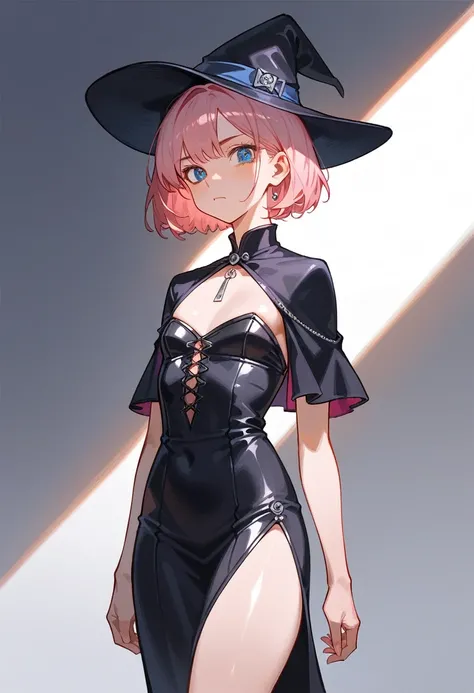 1 girl, long pink-haired android woman in black sf, blue eyes, short side hair only and long back hair, small chest, chest exposed black sf dress, bare legs, waist shot, bangs, indifferent face, 1 girl, 1 character, dynamic composition, Highest quality, Hi...