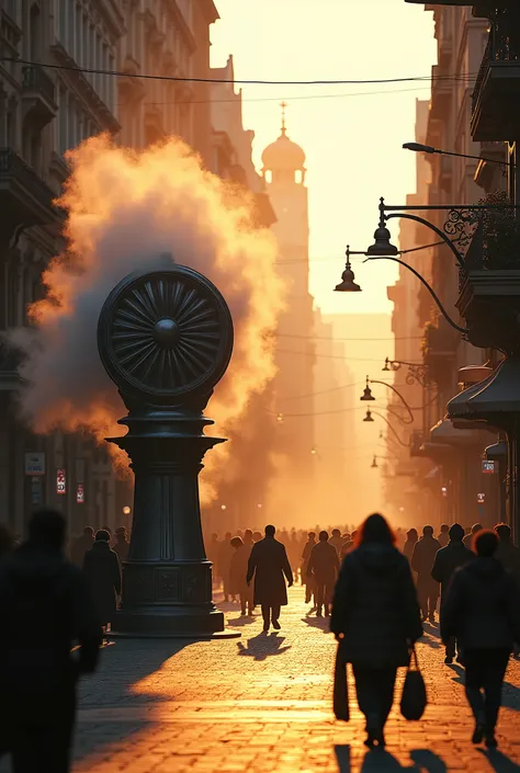 intricate ventilator blowing wind on the street, cinematic lighting, detailed architecture, golden hour lighting, dramatic shadows, realistic, photorealistic, 8k, high quality, masterpiece