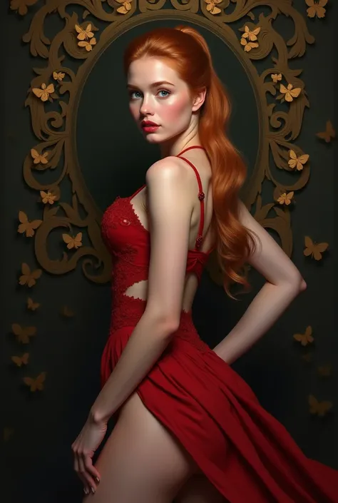 solo, full body photo:1.3), (action packed:1.3), chiaroscuro, best quality, photorealistic, 1woman, (cute), (24yo:1.2), redhead, long ginger hair highly detailed, 1700S, digital photography, art by surreal painting gold butterfly filigree, (masterpiece, si...