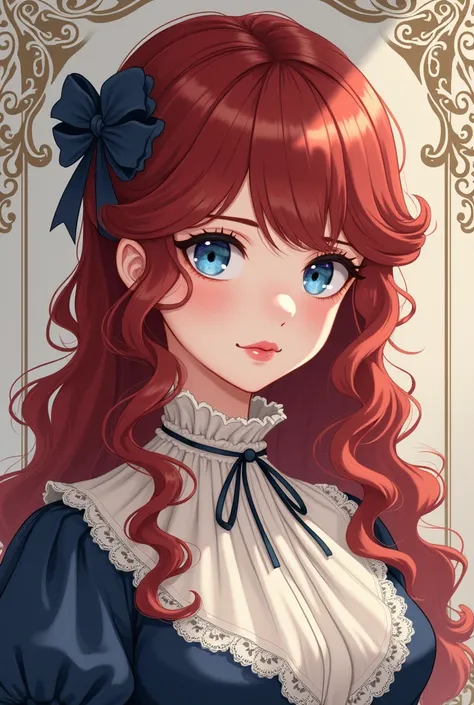 portrait layout anime victorian girl, with wavy dark red hair, and dark blue eyes