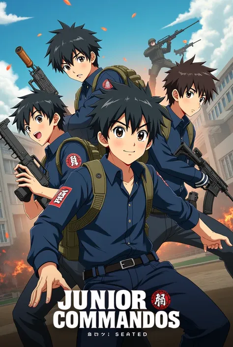 movie poster, high school being attacked by terrorists, 4 high school students male , action movie, poster name: junior commandos, anime style, 