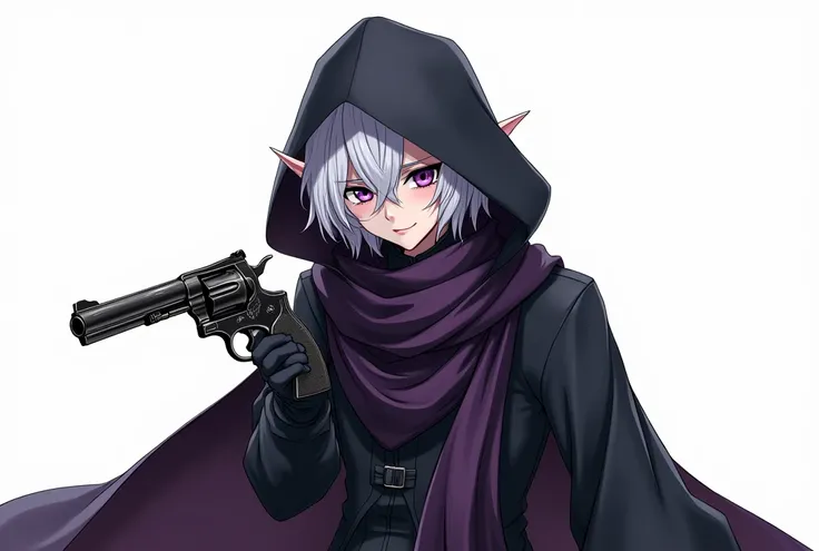 Make an image of a character for an RPG, in the style of Anime, He is an elf who has silver hair., eyes purple eyes looking like little starry nights, pale, almost white skin and pointy ears, he wears black clothes that cover most of his body (assassin clo...