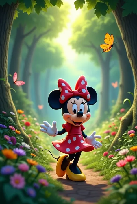 DISNEY MINI MOUSE IN A RED DRESS WALKING THROUGH A FOREST WITH TREES AND LOTS OF FLOWERS, but animated 
