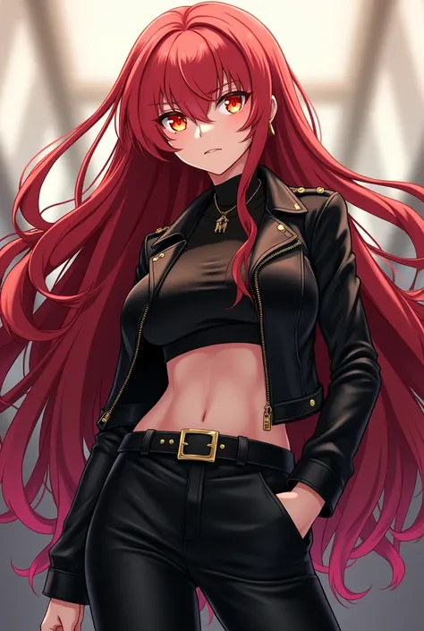 Makima from the Anime chainsaw man.has long 
light red/pale chestnut hair. Has yellow eyes with Red Rings.with black leather jacket.wears a Short black leather top.she wears black leather Riding shoes.wears black leather pants with belt.anime Style 