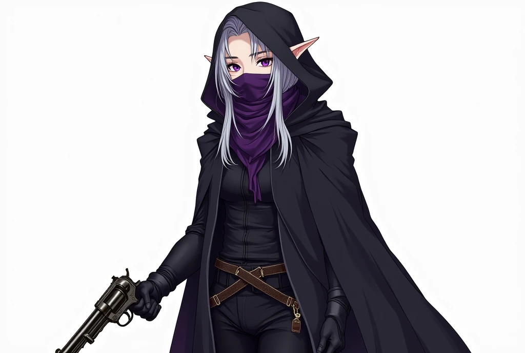 Make an image of a character for an RPG, in the style of Anime, He is an elf who has silver hair., eyes purple eyes looking like little starry nights, pale, almost white skin and pointy ears, he wears black clothes that cover most of his body (assassin clo...