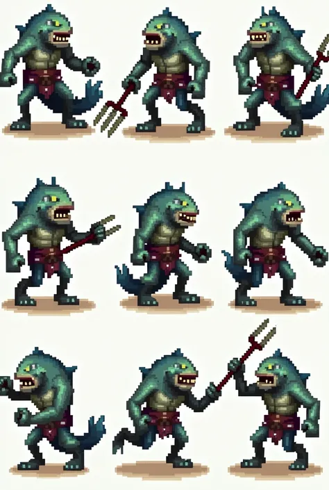 generate a 8bit sprite of a fishman with all actions. I want actions of walk, attack, run and stand by, but for 2d rpg