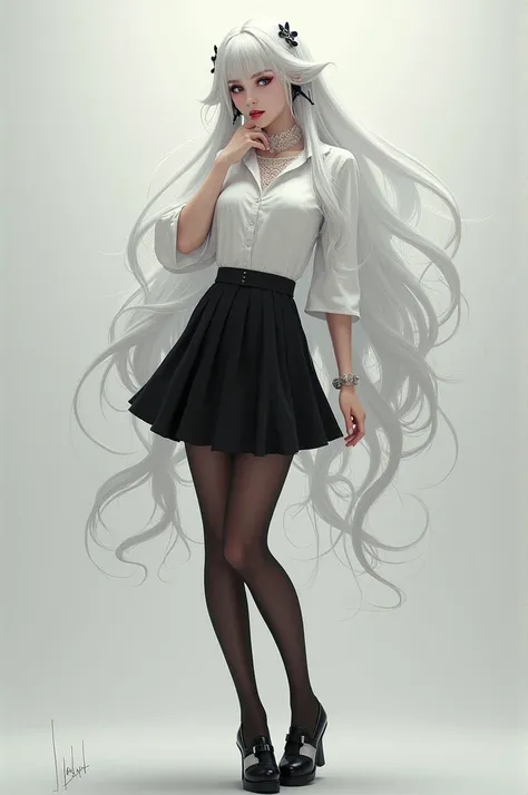 Draw Seraphine a girl with long white hair, with white blouse and black shirt, a short black skirt with sheer stockings and black and white leather heels