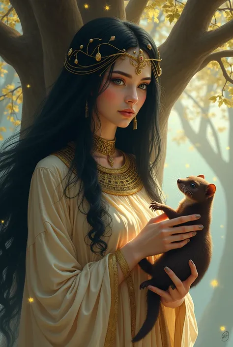 egyptian goddess, ethereal face, gray eyes with golden sparkle, long black hair, snow white skin. In his hand rests a brown weasel with golden lines. Her dress is beige with gold and black designs.. Behind her a large sycamore adorned with gems.