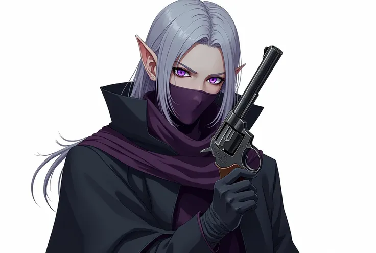 Make an image of a character for an RPG, in the style of Anime, He is an elf who has silver hair., eyes purple eyes looking like little starry nights, pale, almost white skin and pointy ears, he wears black clothes that cover most of his body (assassin clo...