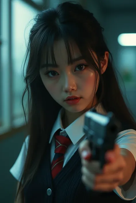 A girl wearing a school uniform,holding a gun,beautiful detailed eyes,beautiful detailed lips,extremely detailed eyes and face,long eyelashes,realistic,photorealistic,photo-realistic:1.37,best quality,8k,highres,masterpiece:1.2,ultra-detailed,realistic sch...