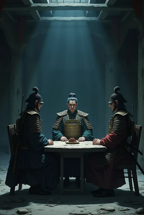 Anime style. Fantasy. 4 samurai. place them around a table that is in a dark room similar to a basement with the walls of a but dead. put a samurai who appears to be a general.