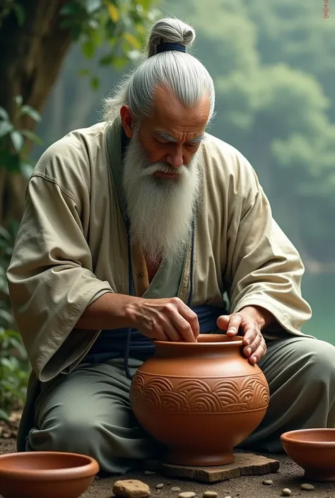 Muscular Master Roshi stirring a clay pot 