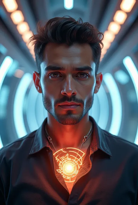 A realistic front-facing portrait of a young, clean-shaven Latino man explaining quantum physics, with spiritual vibrations emanating from him in a futuristic setting. His expression is intense and focused, with eyes that convey wisdom and insight. Surroun...