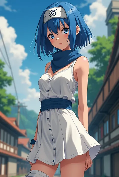 Female naruto character with short blue hair, short white naruto anime style dress with bandana