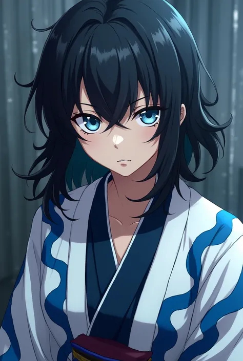 Screenshot of kimetsu no yaiba make a girl similar to tomioka&#39;s character. black hair. He has blue eyes with a blue sparkle and a serious face. . He wears a white and blue haori with a storm-like design underneath, and a dark blue Kimetsu no Yaiba hunt...