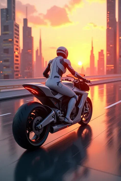 Guy on futuristic motorcycle in animated digitalart drawing at dawn
