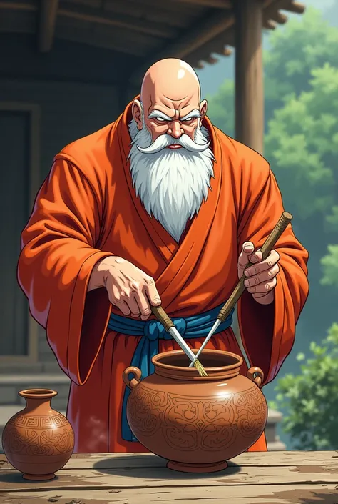 Master Roshi of Dragon Balm muscled up stirring a clay pot 