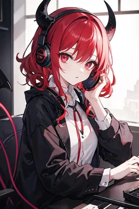 A demon girl with red curly hair has a gothic look. She listens to music with her headphones