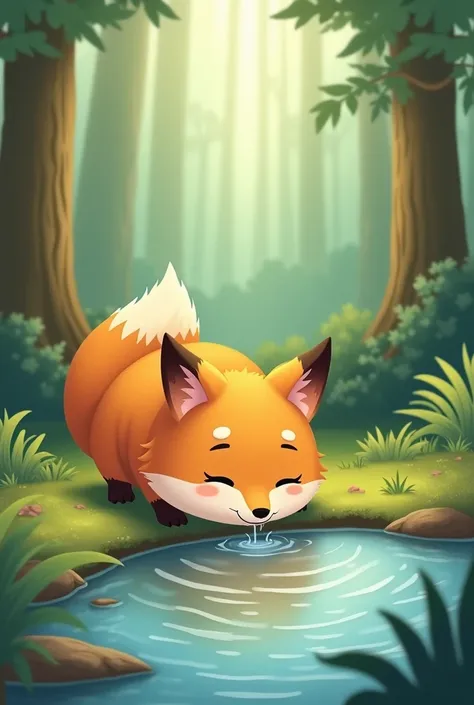 ORANGE AND CHUBBY FOX DRINKING WATER FROM A FOREST RIVER, all animated