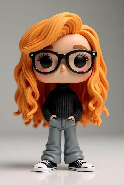 funko pop. Teenage girl, with long churro hair, with glasses , dressed in a black sweater and gray wide-leg pants , and some sneakers 