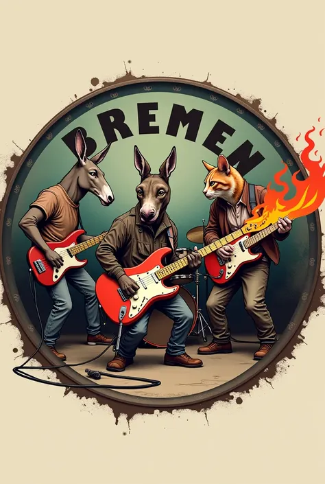 an image of humanoid animal rock band , where donkey plays drums, the dog on the electric bass, a rooster on the electric guitar and the cat on the telecaster guitar with flames, They are in a circular logo that says.  Bremen Garage Band