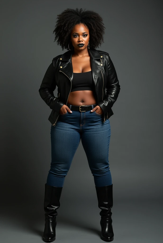 A beautiful 50 year old Black woman with black lipstick, smoky eyes, long eyelashes and black eyeliner wearing a black leather jacket with no shirt in tight blue jeans tucked in knee high black leather high heel boots with wide hips and very firm legs.  Sh...