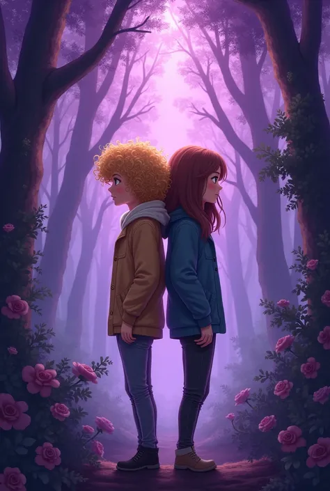 Create an image of a , blonde and curly hair, and a slightly larger one, , brown hair, average length. The two are back to back about to enter an enchanted purple forest..