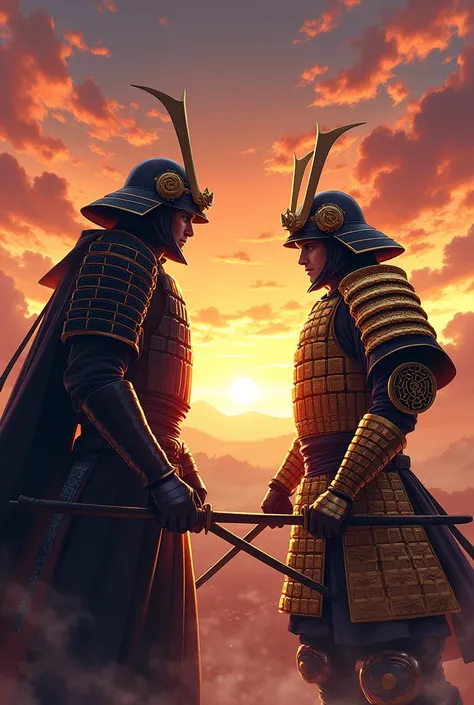 Anime style. make me two samurai generals. one in golden armor and one in black armor.