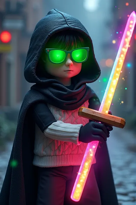 Roblox character with a black hood has a white sweater and black sleeves has a rainbow colored sword and has green colored glasses covering his face and has a rainbow colored aura 