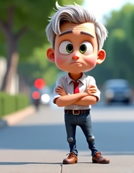 Create a Pixar-style cartoon character, of a man around 60 years old, European, with a rounder face with a serious look, medium and expressive green eyes, with bright and vivid irises. Low hair, light color, slightly gray with a more formal cut. Wearing de...