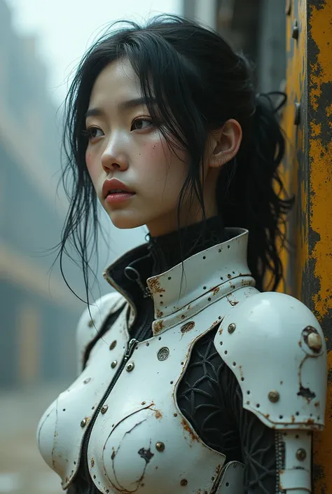 Here we see a Korean woman with a futuristic, robotic appearance. Her face shows signs of wear, with metal patches and wires that seem to be fused to her skin, evoking a fusion between the organic and the mechanical. The suit she wears has an elaborate des...