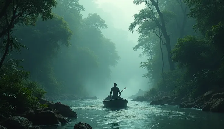 A sunny turbulent river winding through the jungle, with mist rising from the water and a boat with a lone figure adrift. In the forest you see carnivorous animals coming out , a dangerous jungle, that it looks more coitic because it is for a lively game ,...