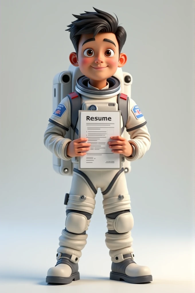 Create a male avatar, 2, young, using this image as a reference, wearing an astronaut outfit, 3D model from Pixar, holding a resume in his hand.