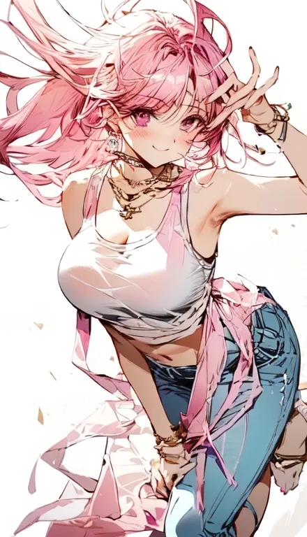 A smug narcissistic pink haired woman wearing a pink bra under a white tank top and blue pants and lots of jewelry flaunting herself 