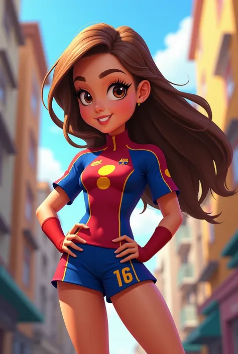 Super hero with brown hair in a suit shaped like a Barcelona woman&#39;s kit Cartoon 