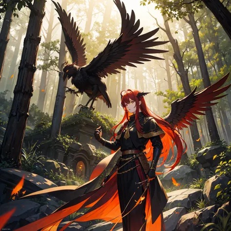 1 , Red hair with wings and horns, medieval clothes and yellow eyes in a forest at night 