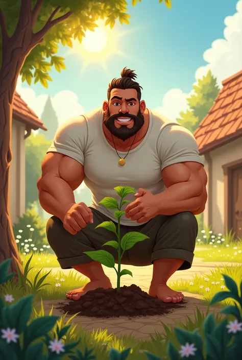 "A cartoon digital painting of Aris planting a tree in a peaceful village.Aris wearing white t shirt His muscular figure reflects a Disney-style photorealistic depiction, bursting with strength and wisdom. The scene is bright and full of life, with small f...