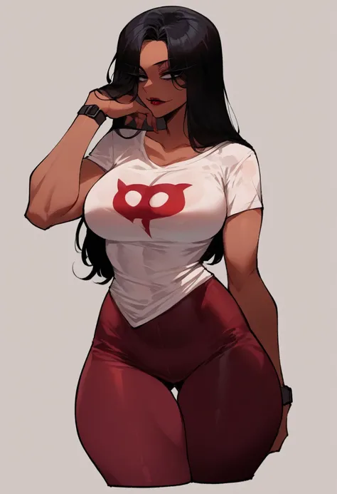 (score_9, score_8_up, seductive face, seductive expression), woman, Tall, athletic, wide hips, woman, brown tanned skin, beady eyes, slanted eyes, red lipstick, black eyes, eyeliner, long hair, black hair, t-shirt, leggings, wrist watch, big breasts, Nyant...