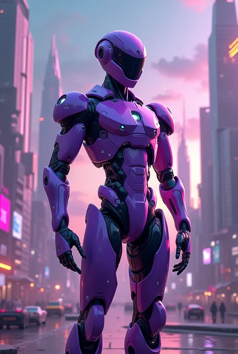 a purple humanoid robot with futuristic aspects (cyber punk) with friendly appearance on a si-fi background
