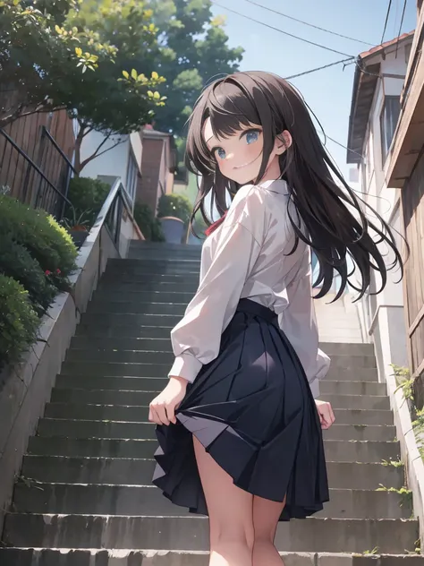 animese anime girl in skirt and blouse, walking up the stairs, 1girl, stairs, skirt, brown hair,long hair,rear view, solo, grey ...