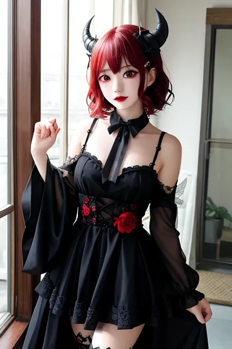 A demon girl with short hair, red and curly is dressed as a goth.