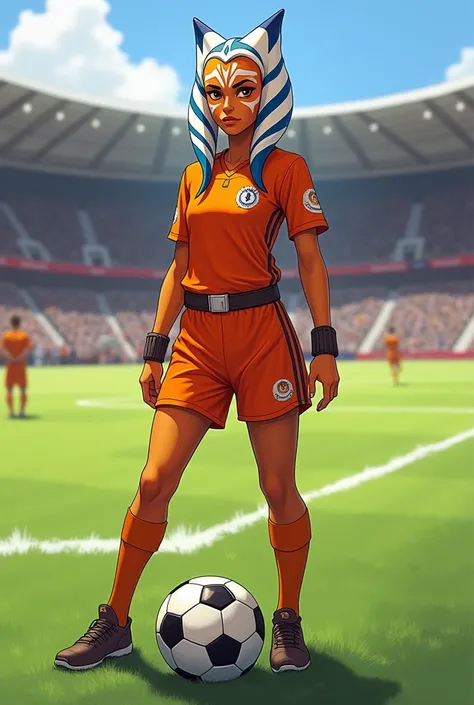 Ahsoka Tano from Star Wars in a soccer uniform with a soccer ball 