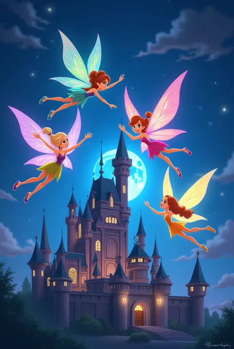 Four fairies flying at night over the castle with the phrase “TEAM WINX” written on it