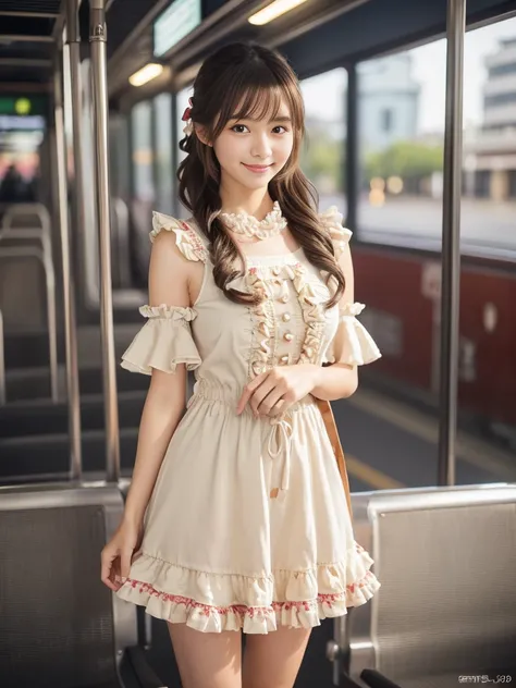 cowboy shot, (early autumn date), ((very sweet and cute girly fashion style outfit decorated with frills and ribbons:1.2)),
view...