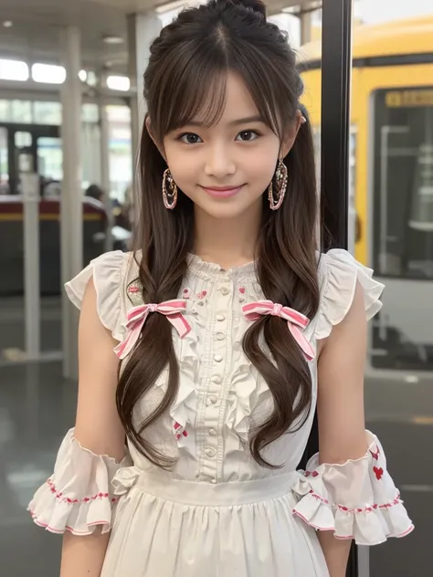 Cowboy Shot, (Early autumn date), ((Very sweet and cute girly fashion style outfit decorated with frills and ribbons:1.2)),
View the viewers, Japanese female university student, (One Woman:1.2), She is very beautiful, Glowing Skin, Perfect Face, Cute and s...