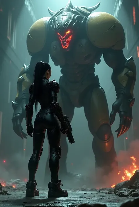 Make Samus Aran with long black hair tied up in a futuristic black exosuit, a black cannon arm, Facing a photo-realistic dark energy demon. 