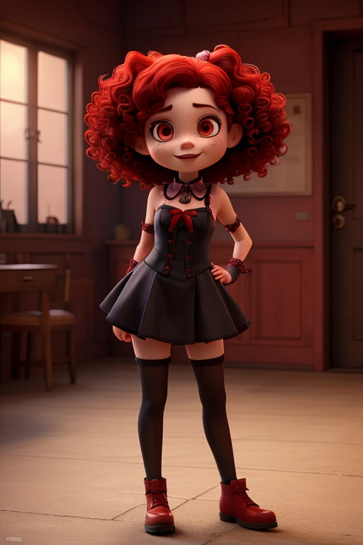 A demon girl with short hair, red and curly is dressed as a goth.