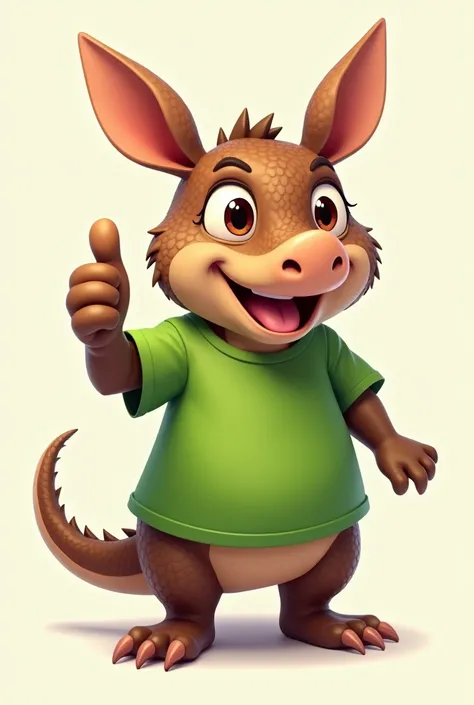 Create a mascot of an armadillo giving a thumbs up wearing a green shirt